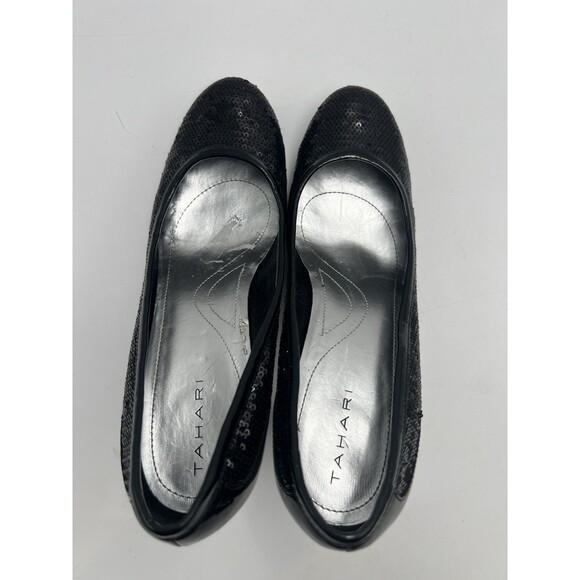 Tahari Black Sequin Round Toe Leather Pumps Heel Formal Black Tie Party Sz 8.5 M - Picture 11 of 11